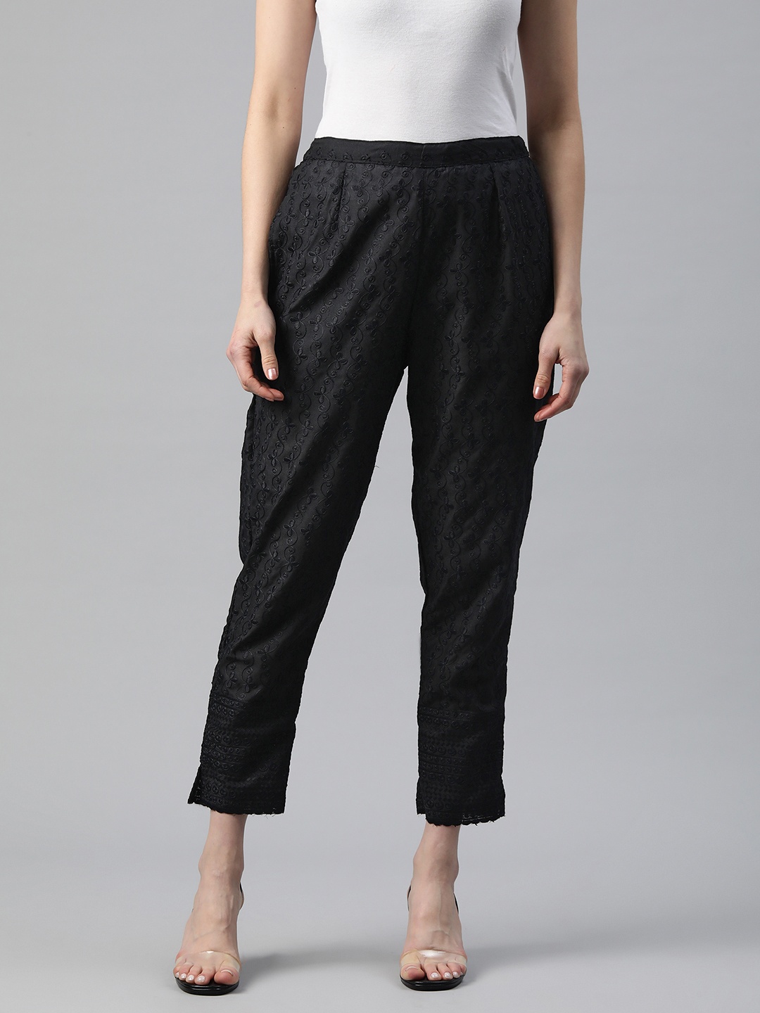 

Readiprint Floral Embroidered High-Rise Pleated Trousers, Black
