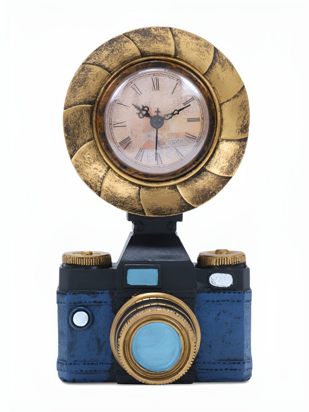 

A Vintage Affair- Home Decor Blue & Gold Vintage Camera Clock Showpiece