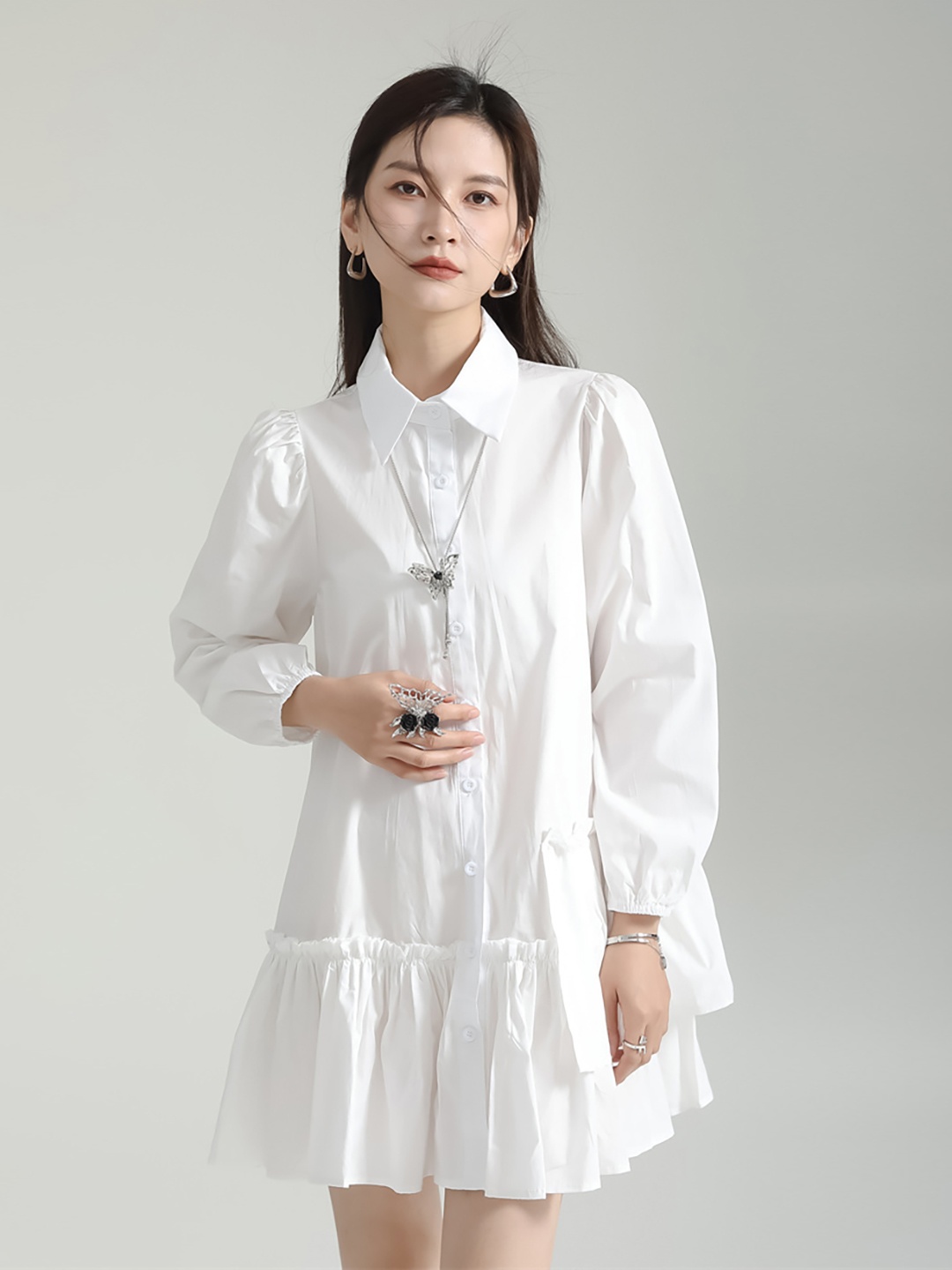 

JC Collection Shirt Collar Cuffed Sleeves Tiered Shirt Mini Dress, White