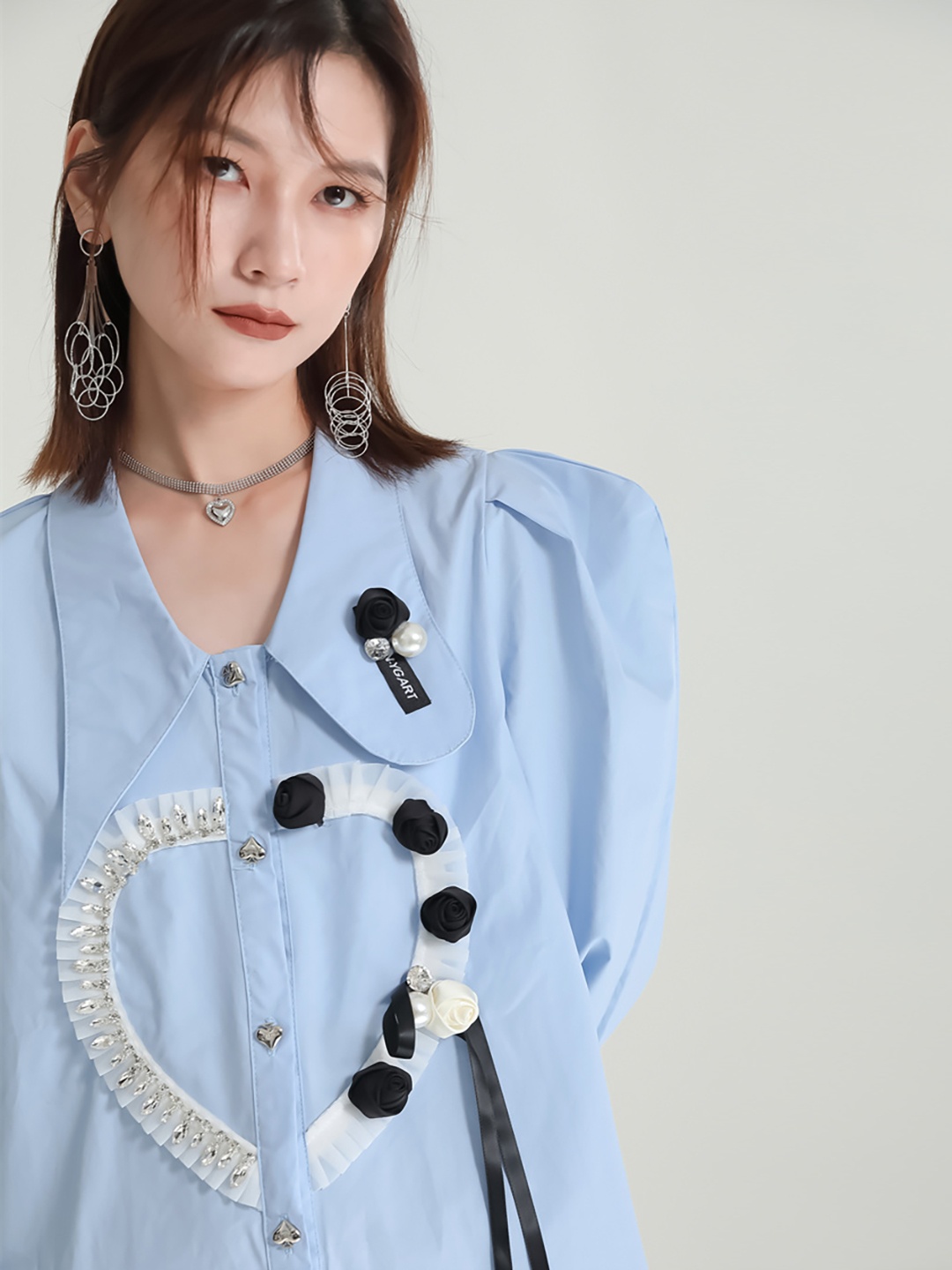 

JC Collection Puff Sleeve Above the Keyboard Collar Shirt Style Dress, Blue