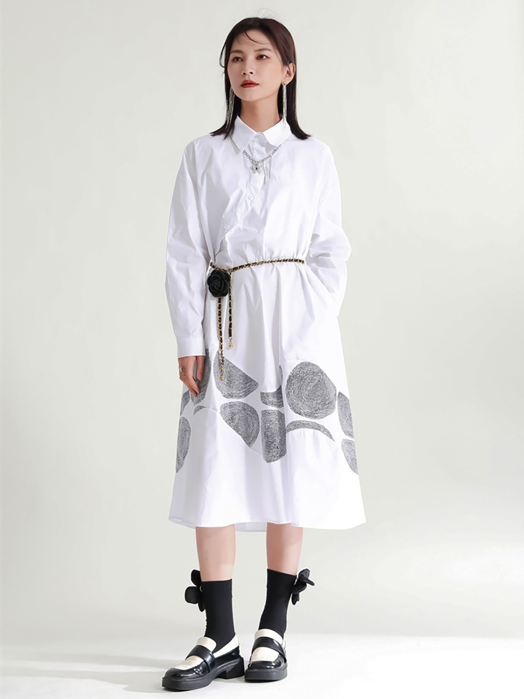 

JC Collection Abstract Printed Shirt Collar A-Line Midi Dress, White
