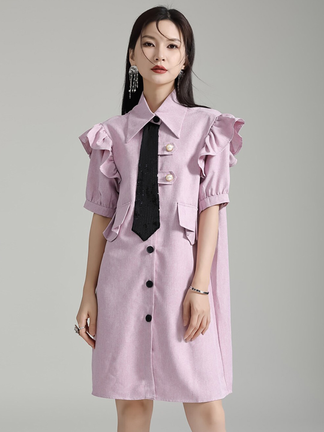 

JC Collection Puff Sleeves Ruffled Shirt Dress, Pink