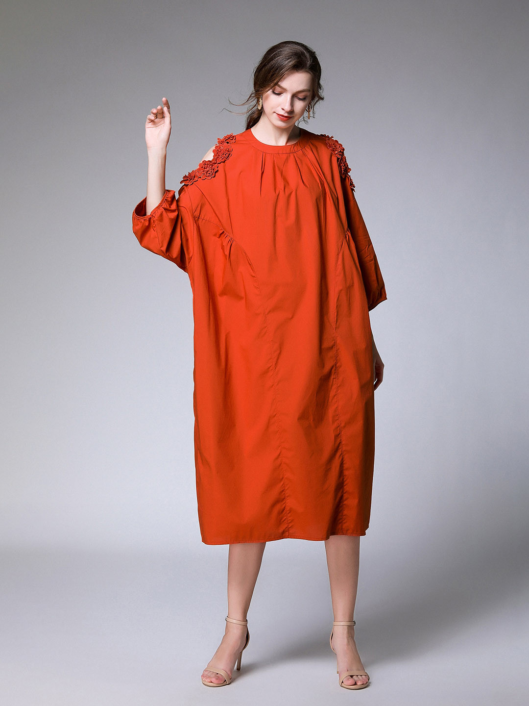 

JC Collection Round Neck A-Line Midi Dress, Orange