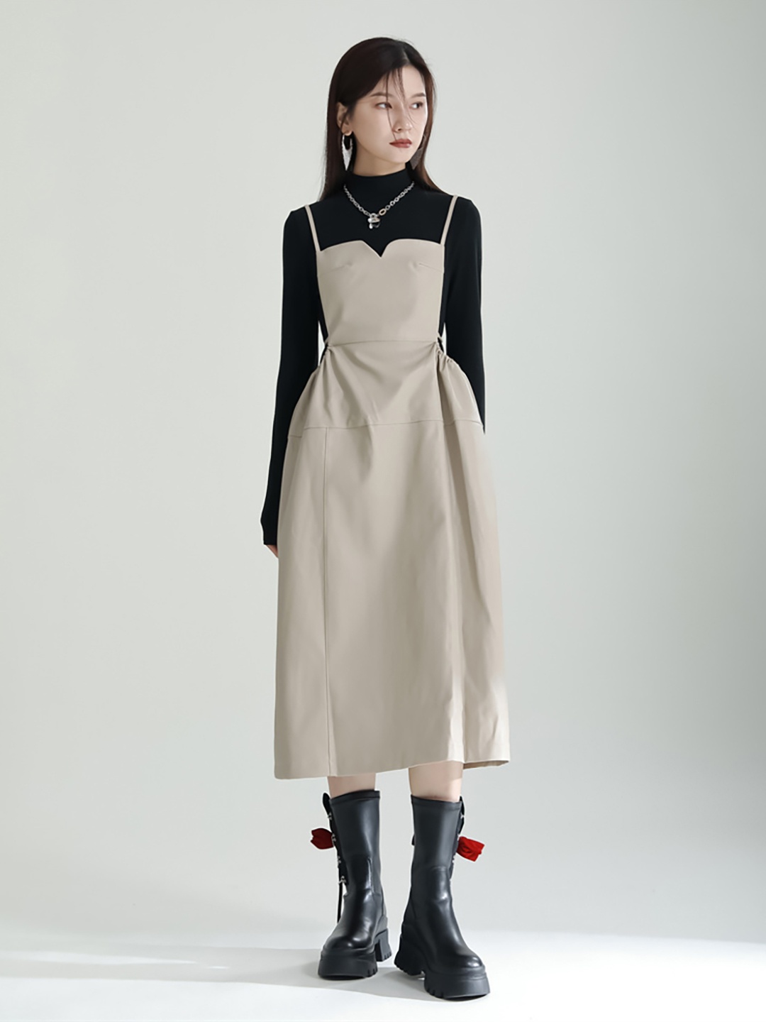 

JC Collection High Neck Tie-Ups Detail A-Line Midi Dress, Beige