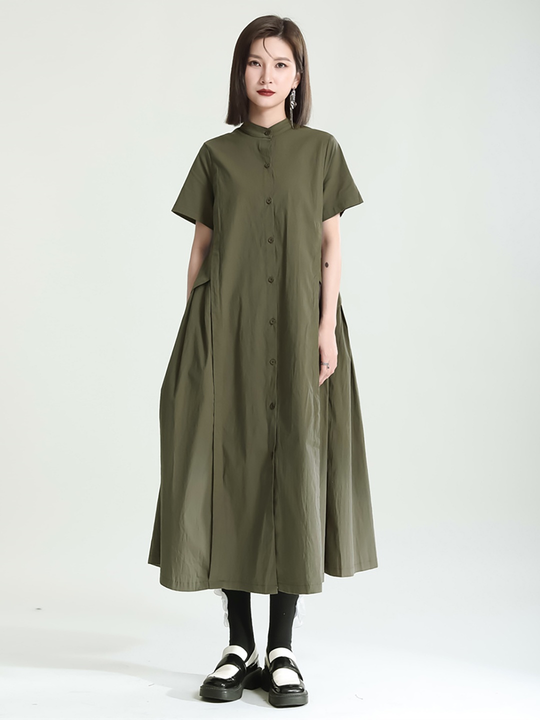 

JC Collection Mandarin Collar Pleated Detail Shirt Midi Dress, Green