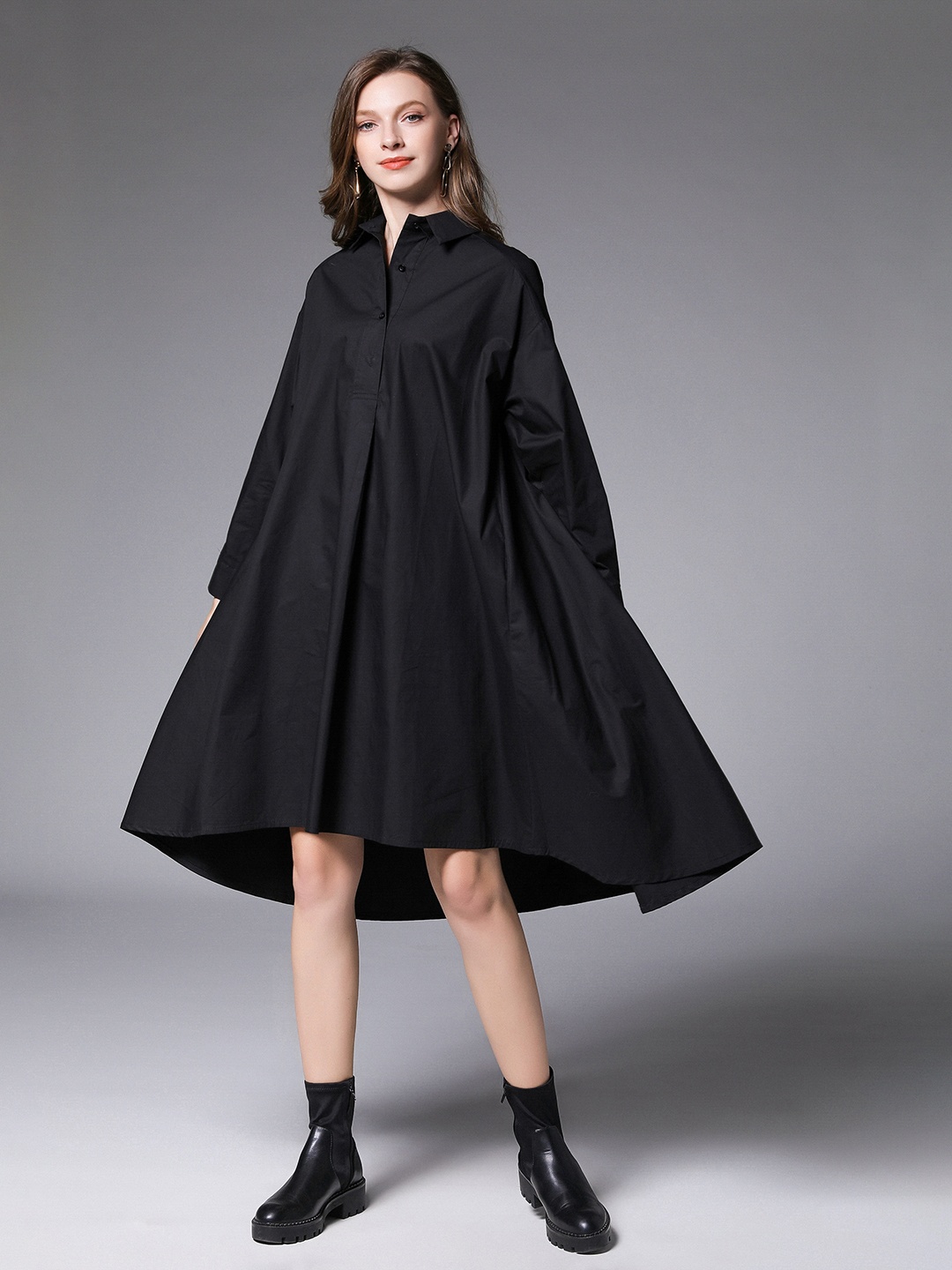 

JC Collection High Low Cuffed Sleeves Shirt Style Dress, Black