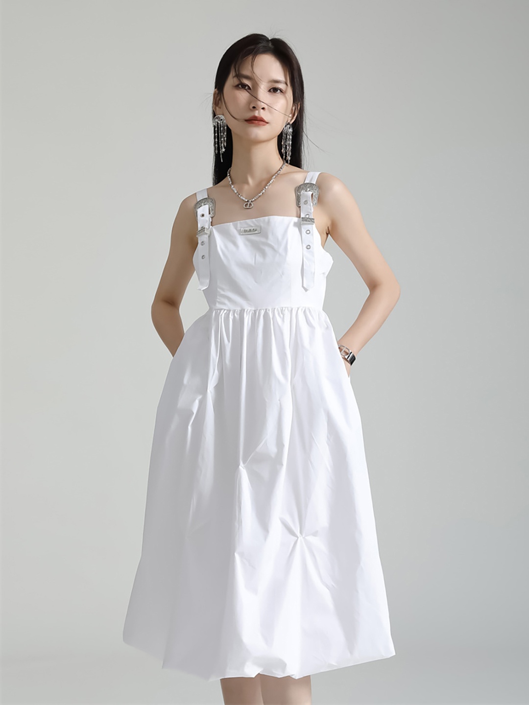 

JC Collection Shoulder Strap Fit & Flare Midi Dress, White