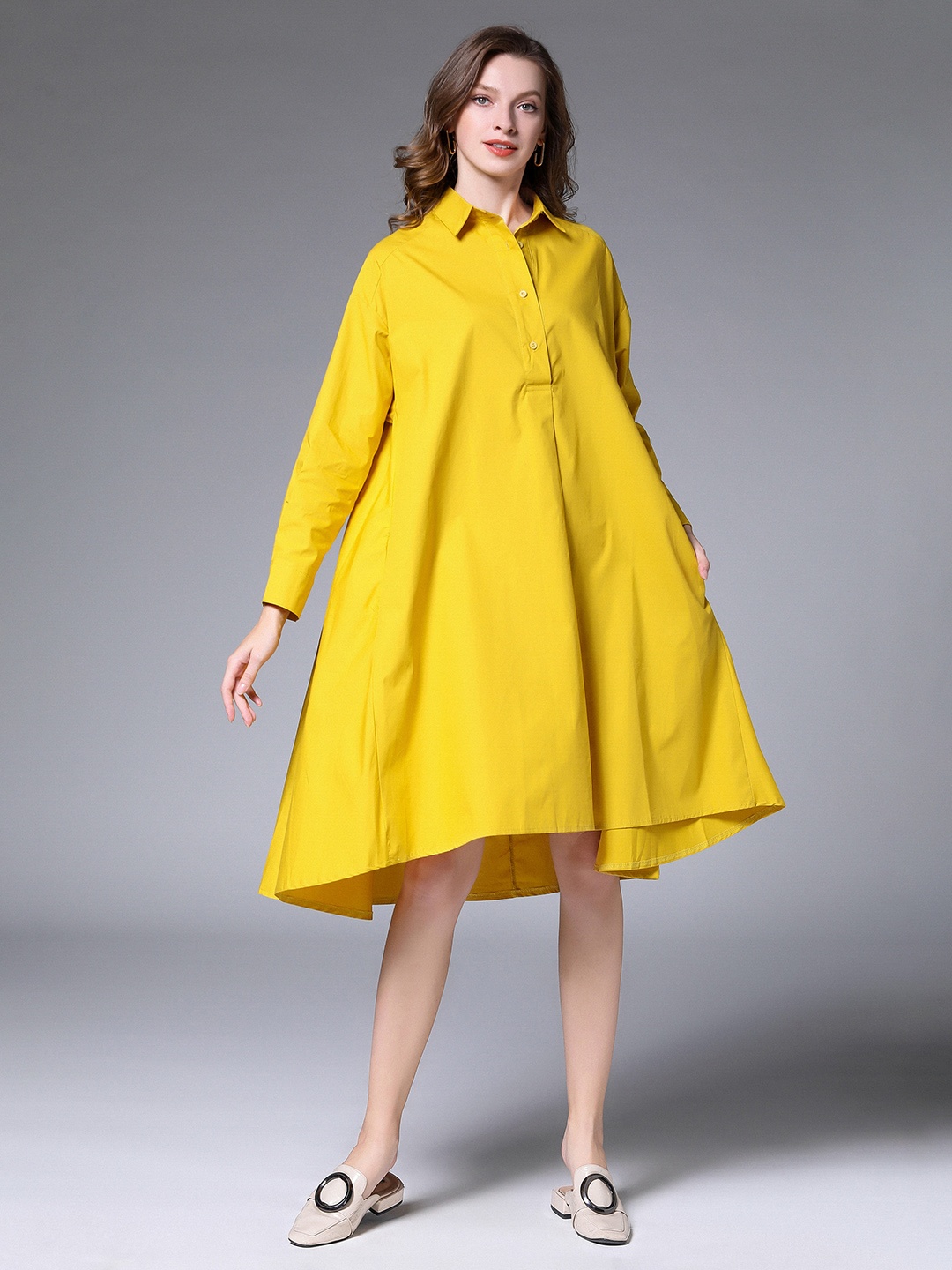 

JC Collection Shirt Collar Cuffed Sleeves Shirt Dress, Yellow