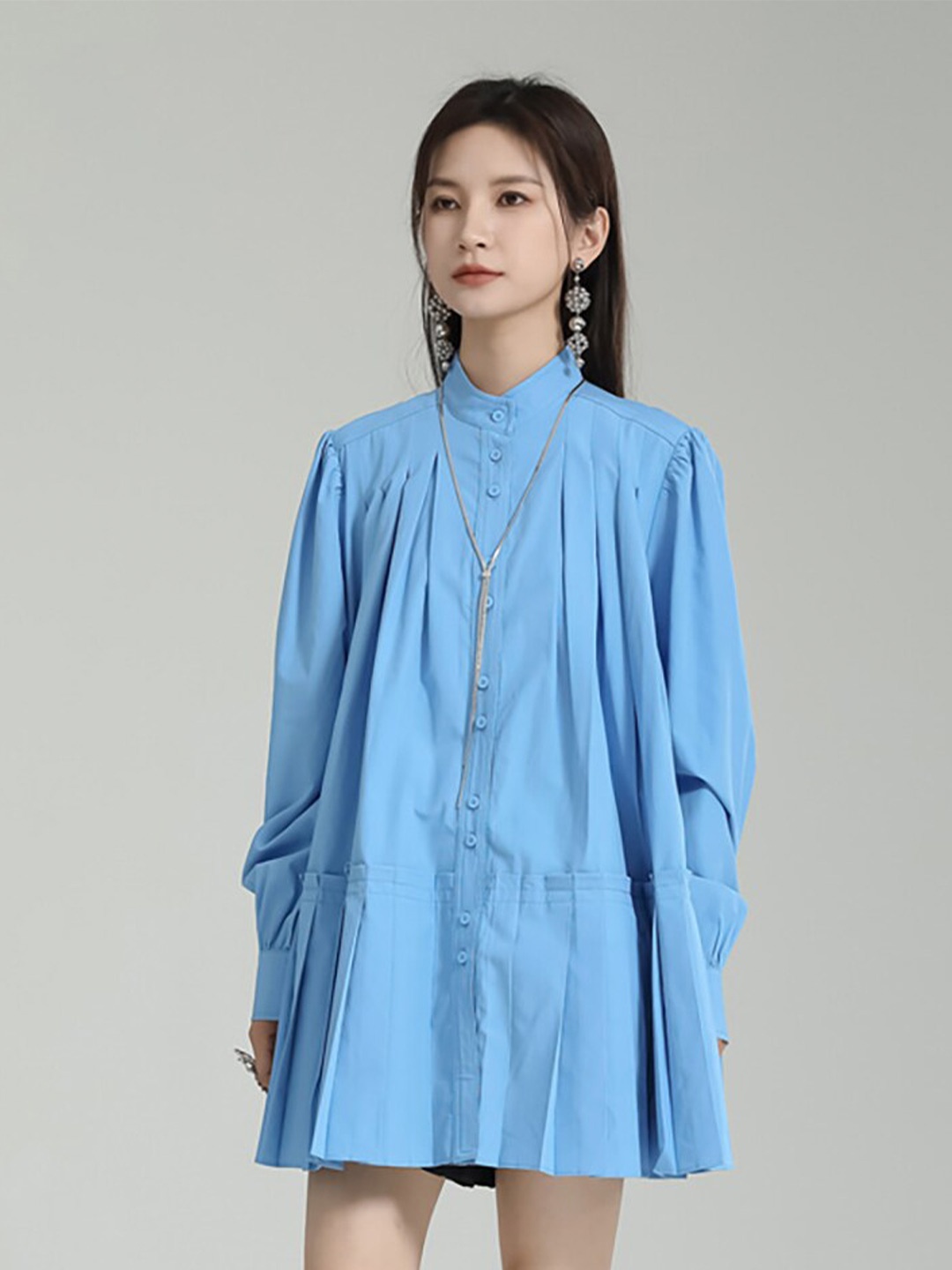 

JC Collection Pleated Cuffed Sleeves Shirt Dress, Blue