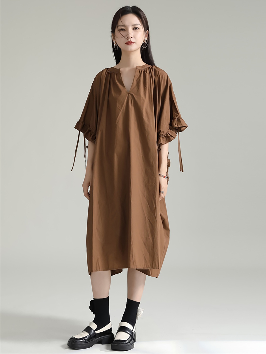 

JC Collection Mandarin Collar Extended Sleeves Tie-Ups Detail A-Line Midi Dress, Coffee brown