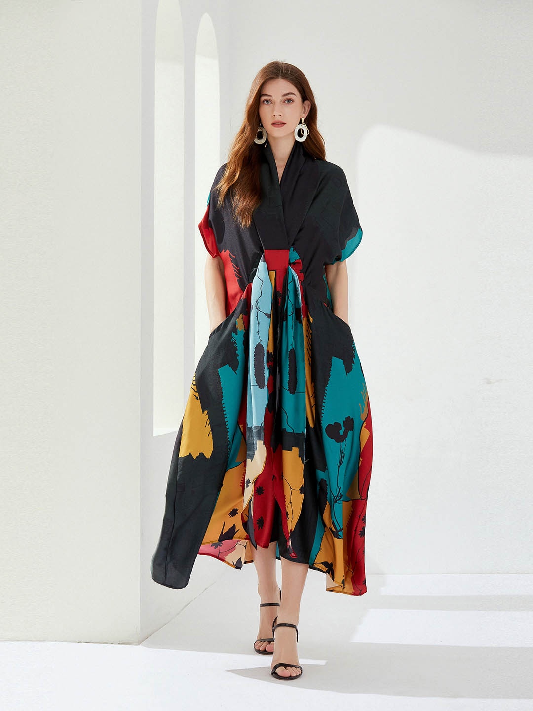

JC Collection Abstract Printed V-Neck Extended Sleeves Shirt Midi Dress, Black