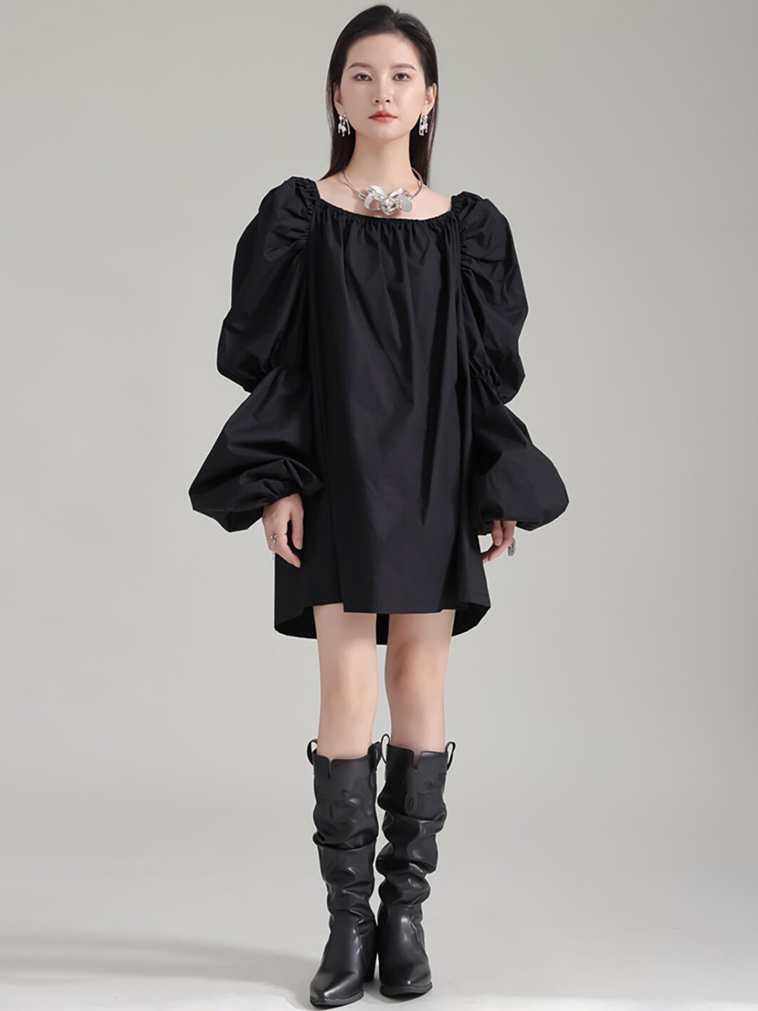 

JC Collection Square Neck Puff Sleeves A-Line Dress, Black