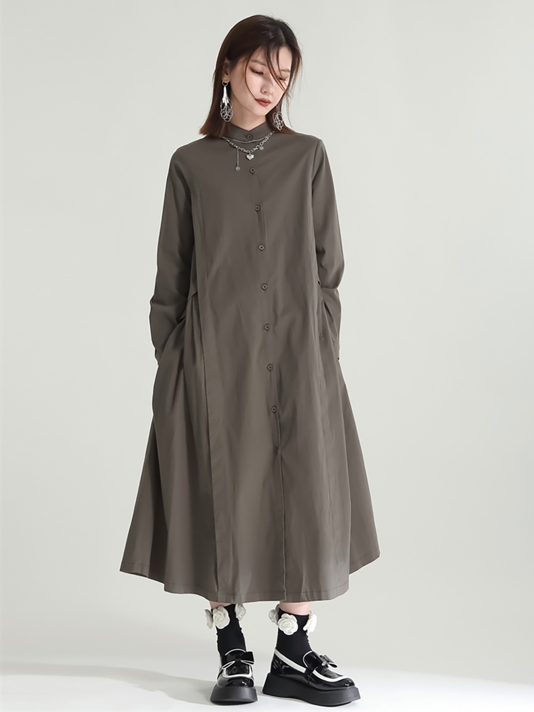 

JC Collection Band Collar Cuffed Sleeves Gathered Shirt Midi Dress, Green