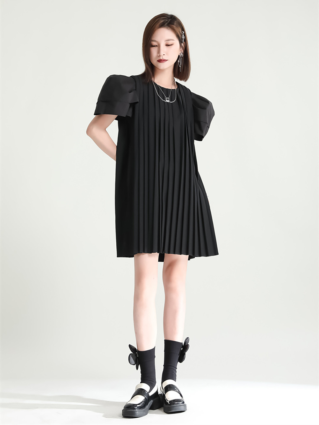 

JC Collection Puff Sleeves Pleated A-Line Dress, Black