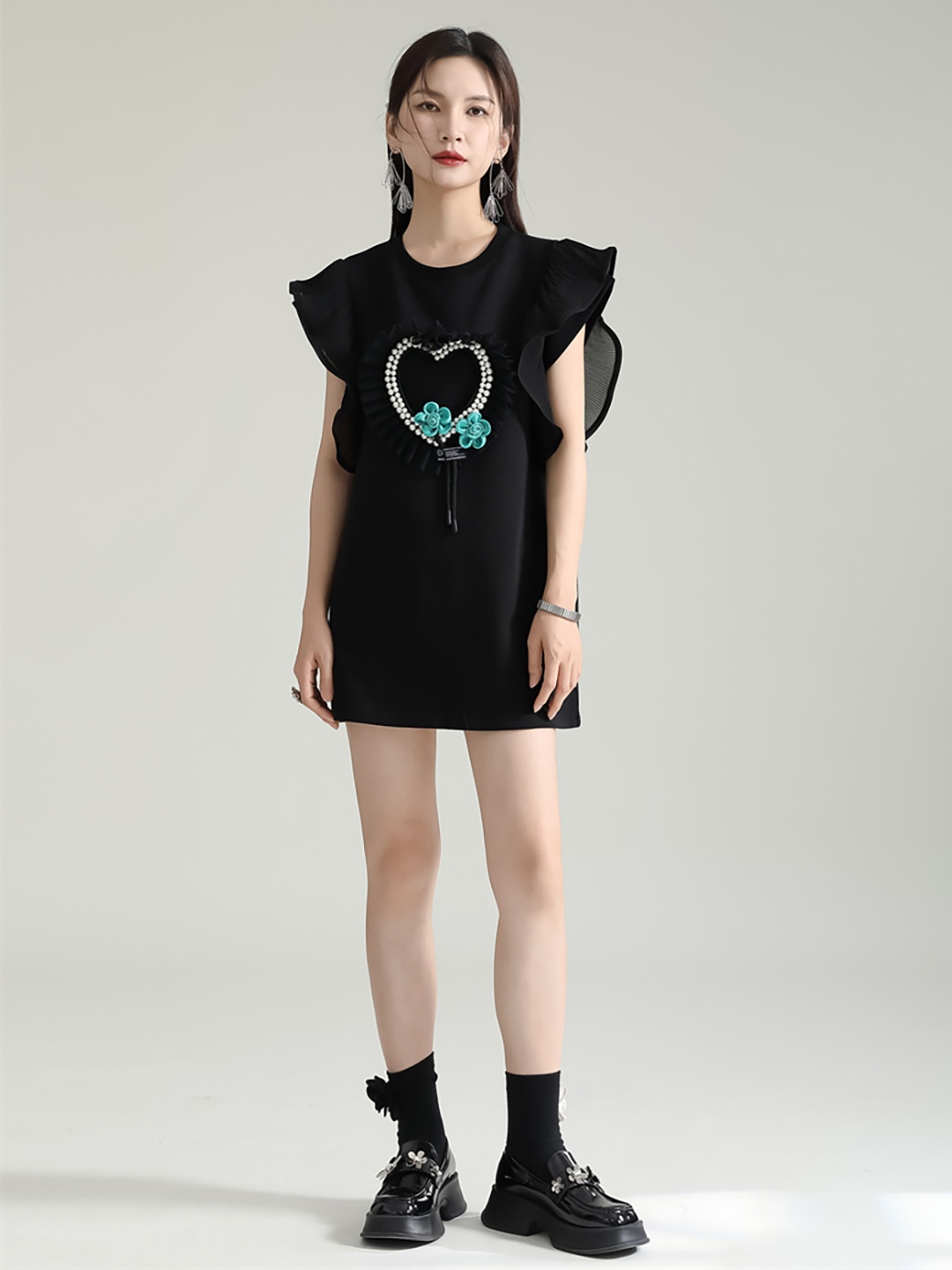 

JC Collection Self Design Flutter Sleeve T-shirt Mini Dress, Black