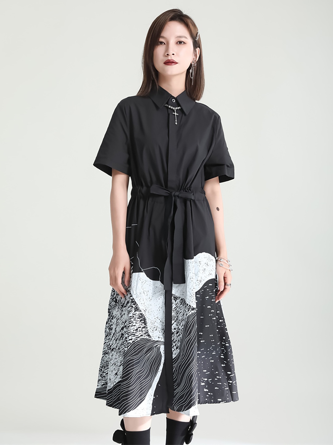 

JC Collection Floral Print Shirt Collar Tie-Ups Shirt Dress, Black