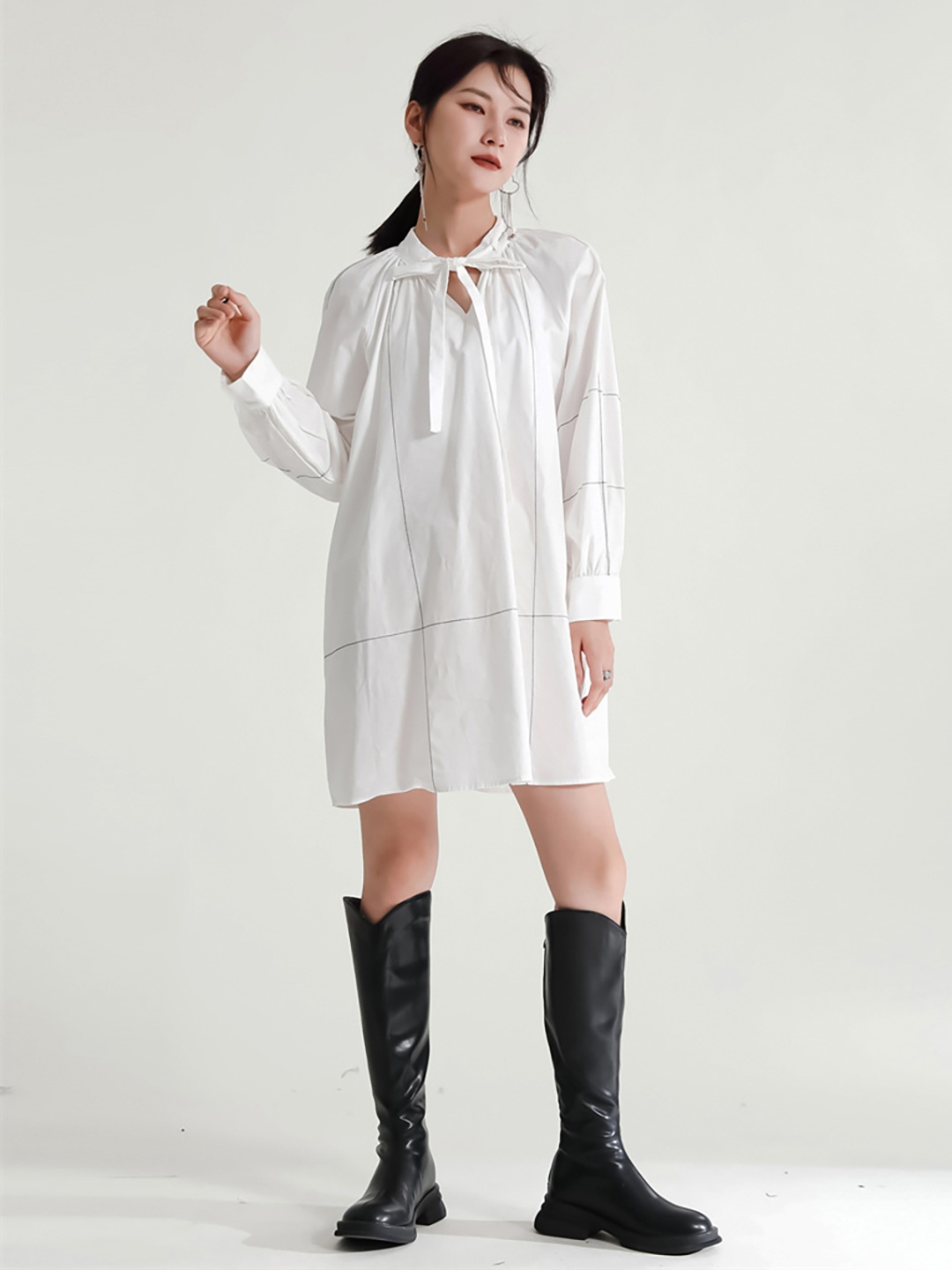 

JC Collection Checked Tie Up Neck Shirt Dress, White