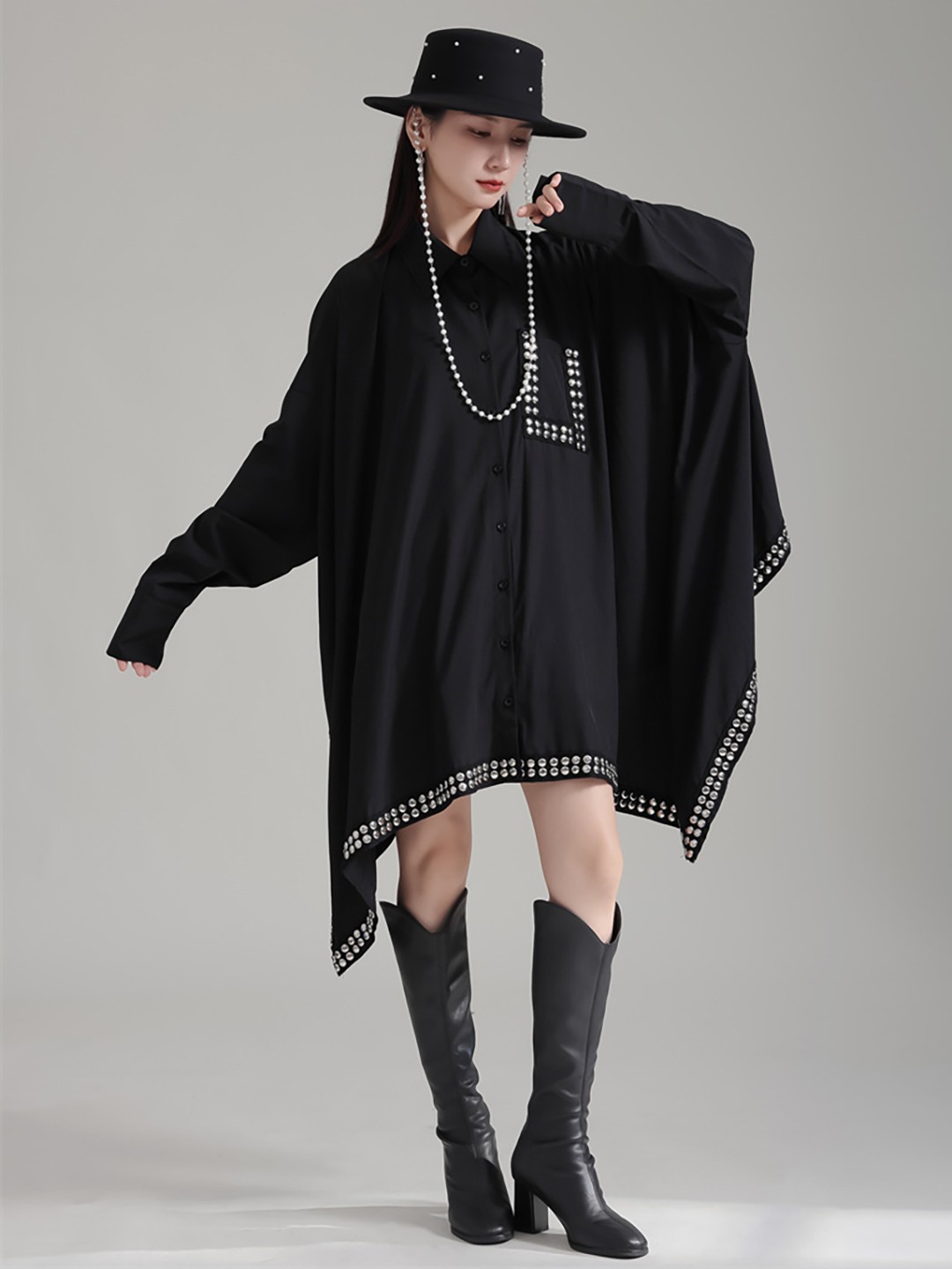 

JC Collection Shirt Collar Cuffed Sleeves Kaftan Dress, Black
