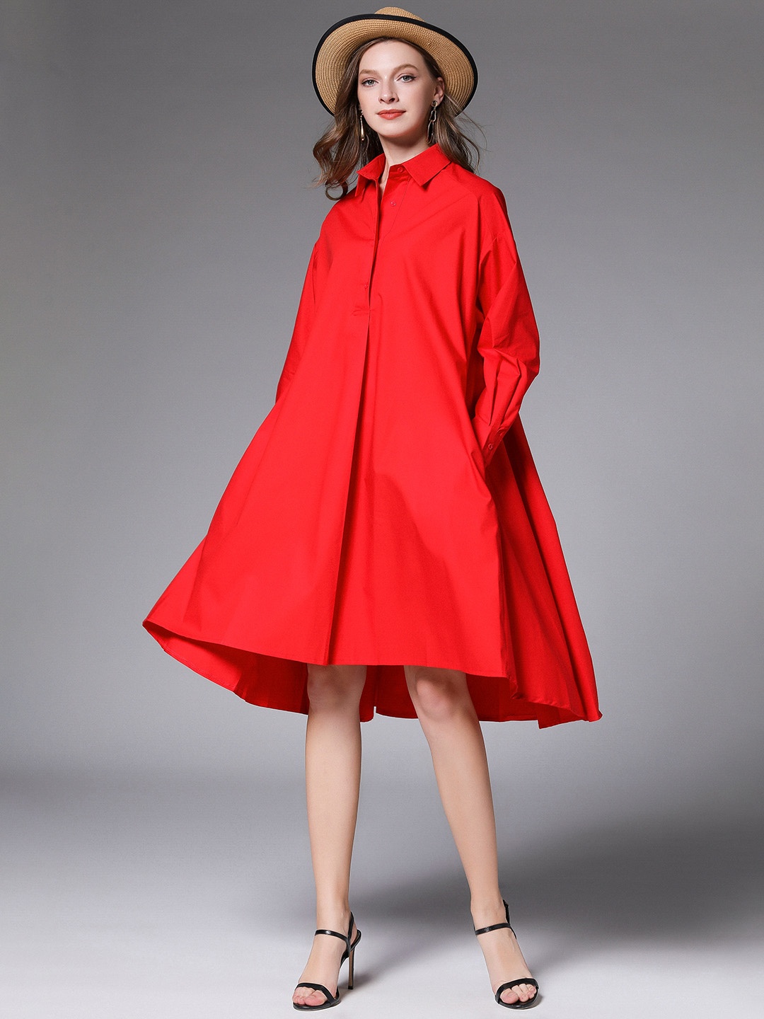 

JC Collection Cuffed Sleeves Shirt Dress, Red