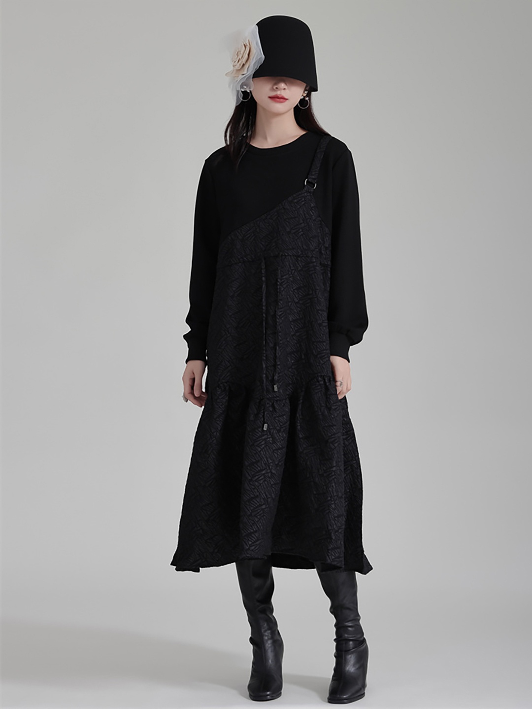 

JC Collection Self Designed Cuffed Sleeves A-Line Midi Dress, Black