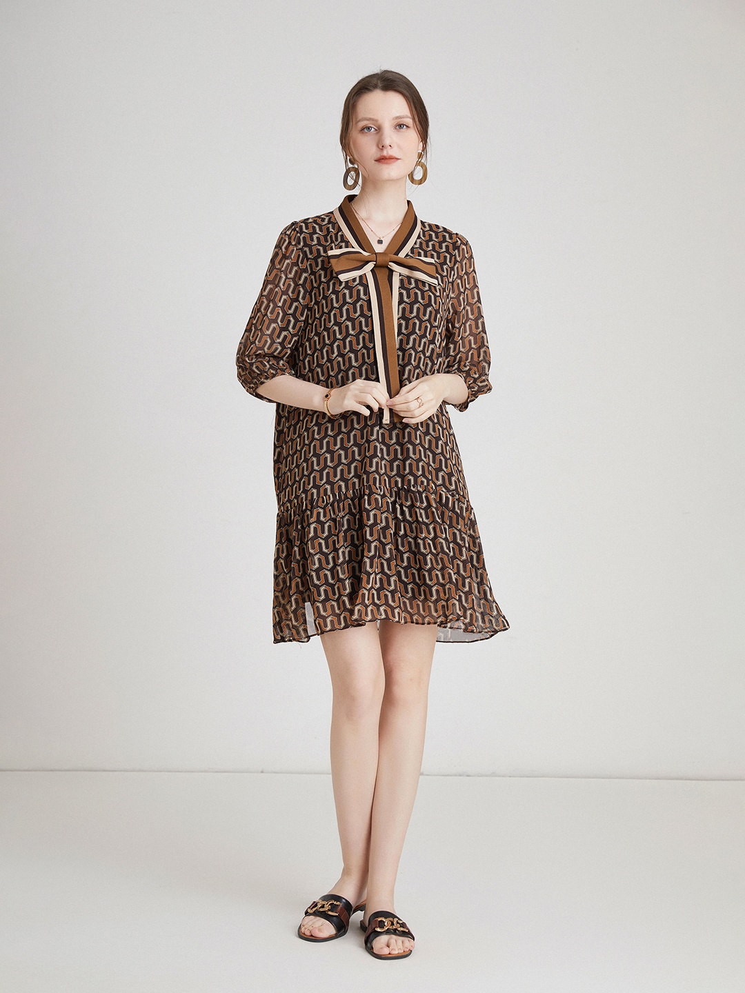 

JC Collection Geometric Printed Tie-Up Neck A-Line Dress, Coffee brown