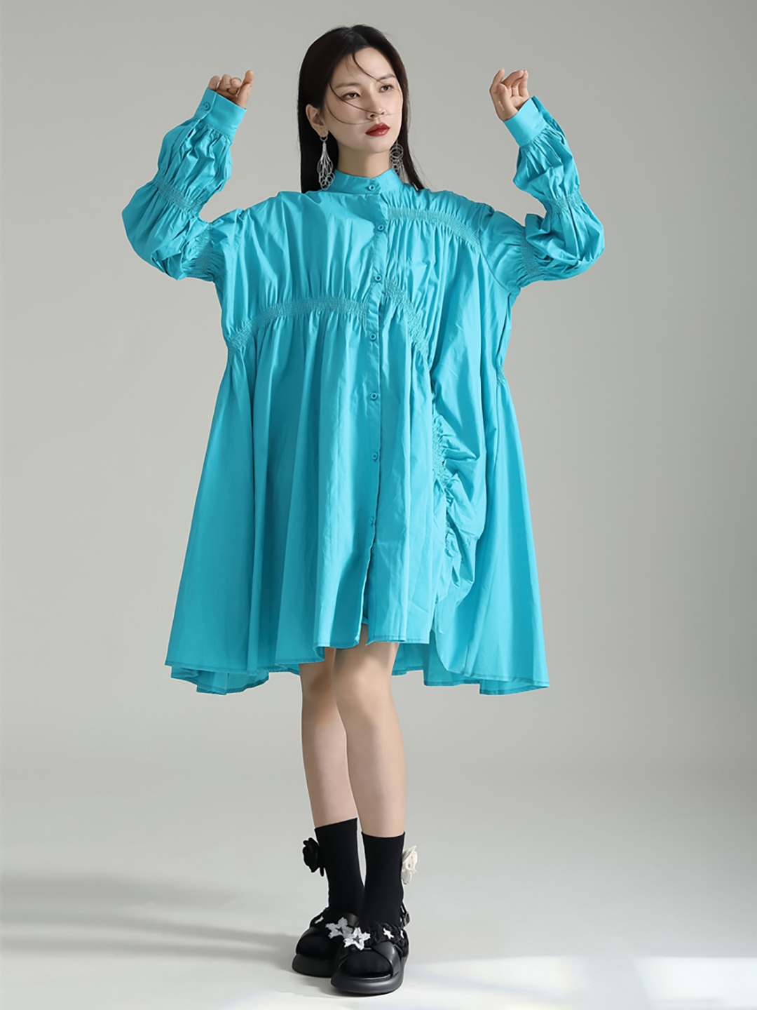 

JC Collection Shirt Collar Cuffed Sleeves A-Line Dress, Turquoise blue