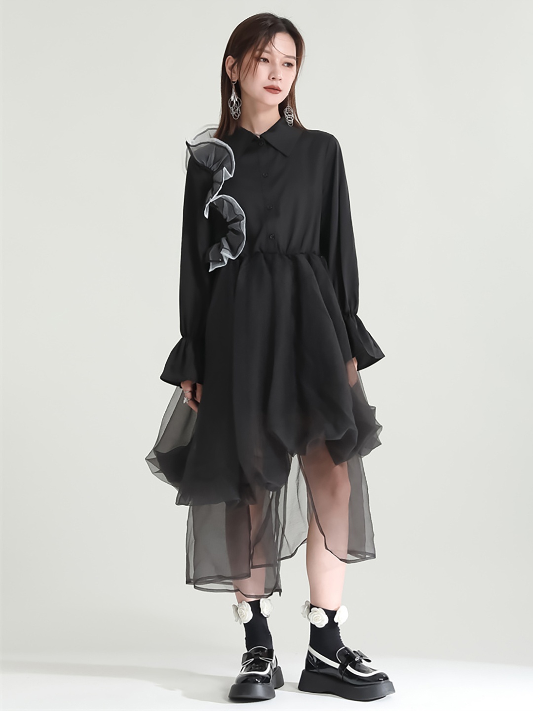 

JC Collection Shirt Collar Bell Sleeves Fit & Flare Midi Dress, Black