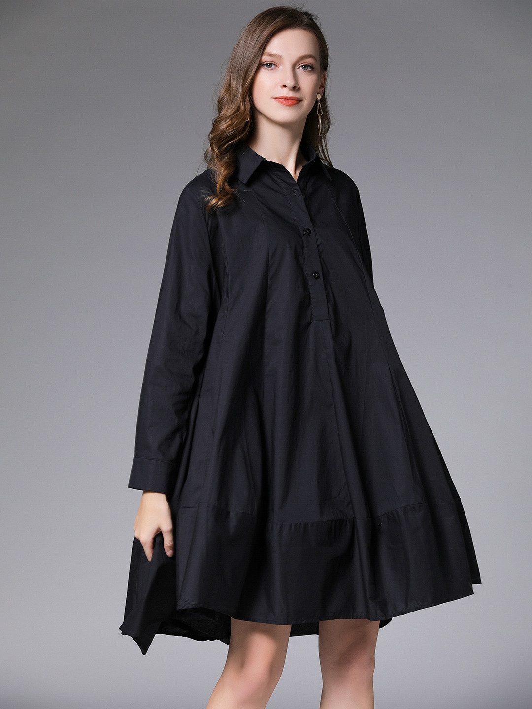 

JC Collection Shirt Collar Long Sleeves A-Line Dress, Black