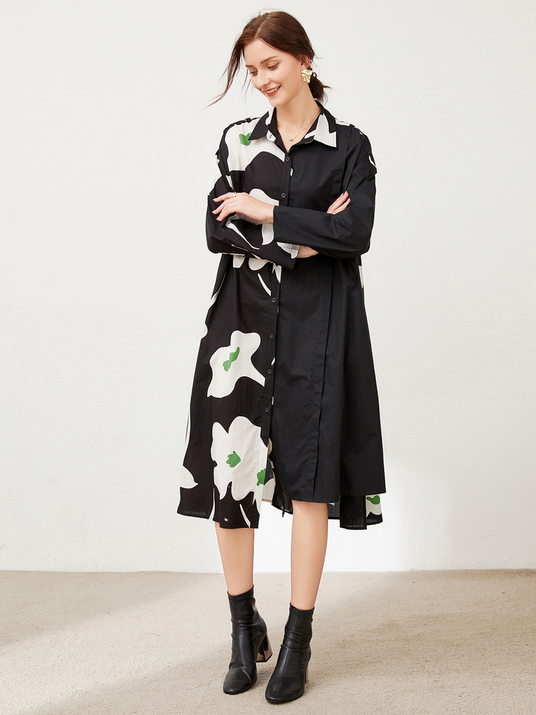 

JC Collection Floral Print Shirt Collar Shirt Midi Dress, Black