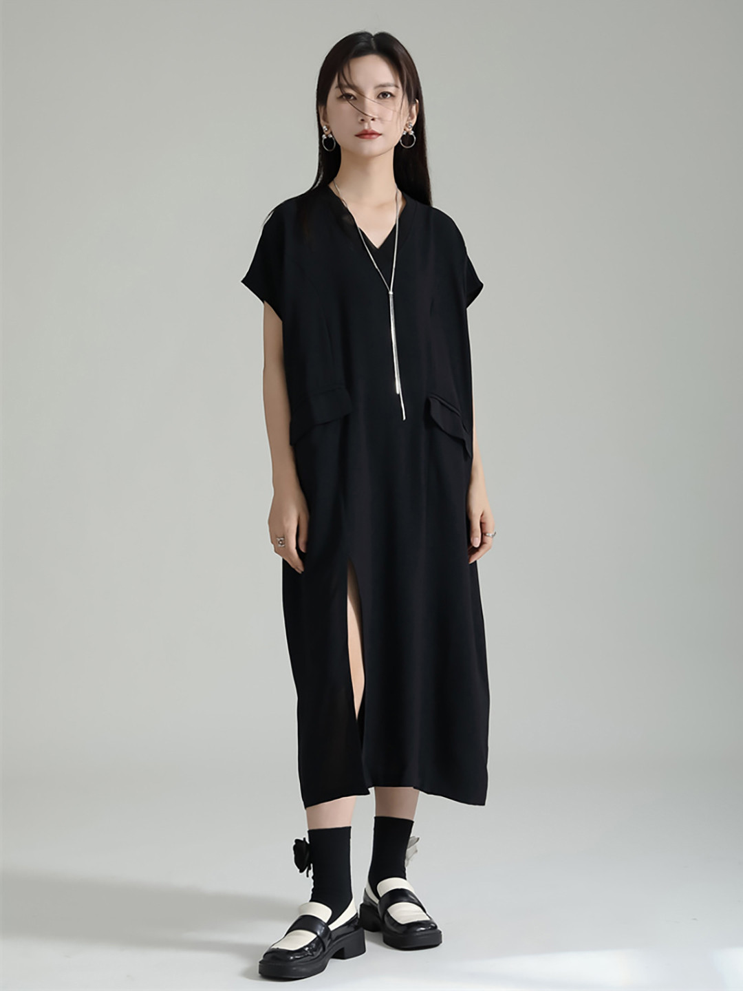 

JC Collection V-Neck A-Line Midi Dress, Black
