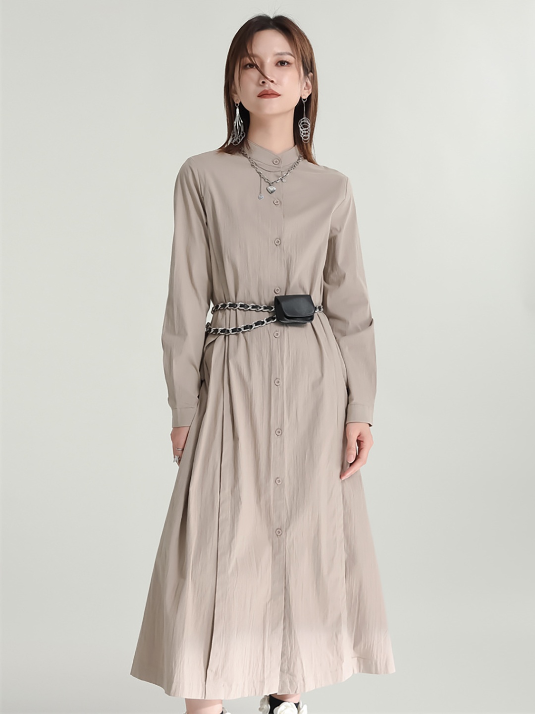 

JC Collection Cuffed Sleeves Flared Shirt Midi Dress, Khaki