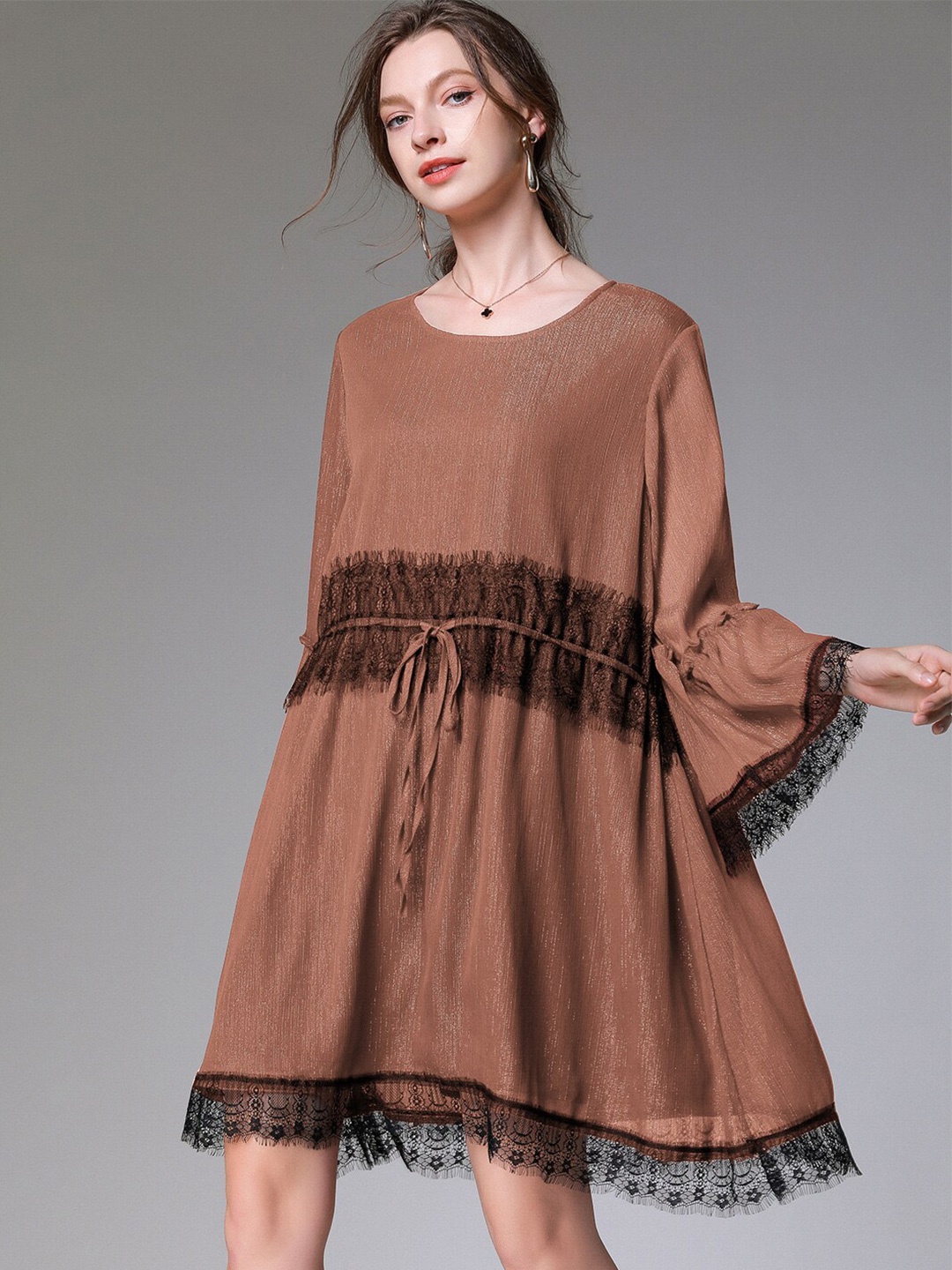 

JC Collection Bell Sleeves Lace Detail A-Line Dress, Coffee brown