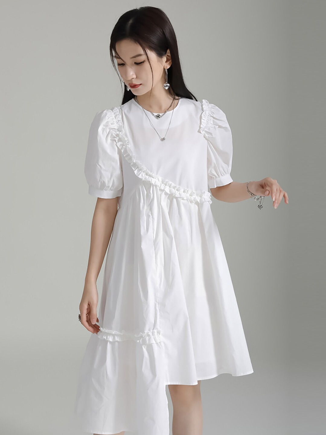 

JC Collection Ruffled Puff Sleeves Asymmetric A-Line Dress, White