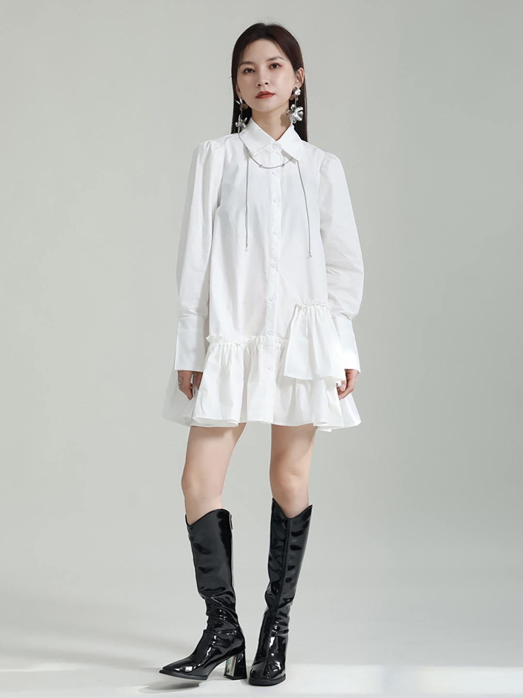 

JC Collection Shirt Collar Cuffed Sleeves Shirt Mini Dress, White