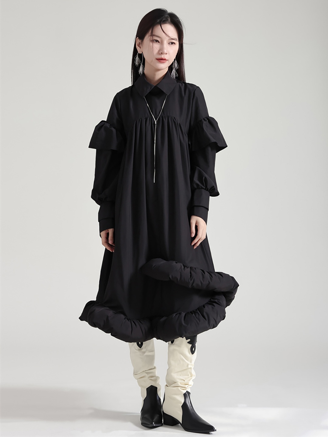 

JC Collection Shirt Collar Bell Sleeve A-Line Midi Dress, Black