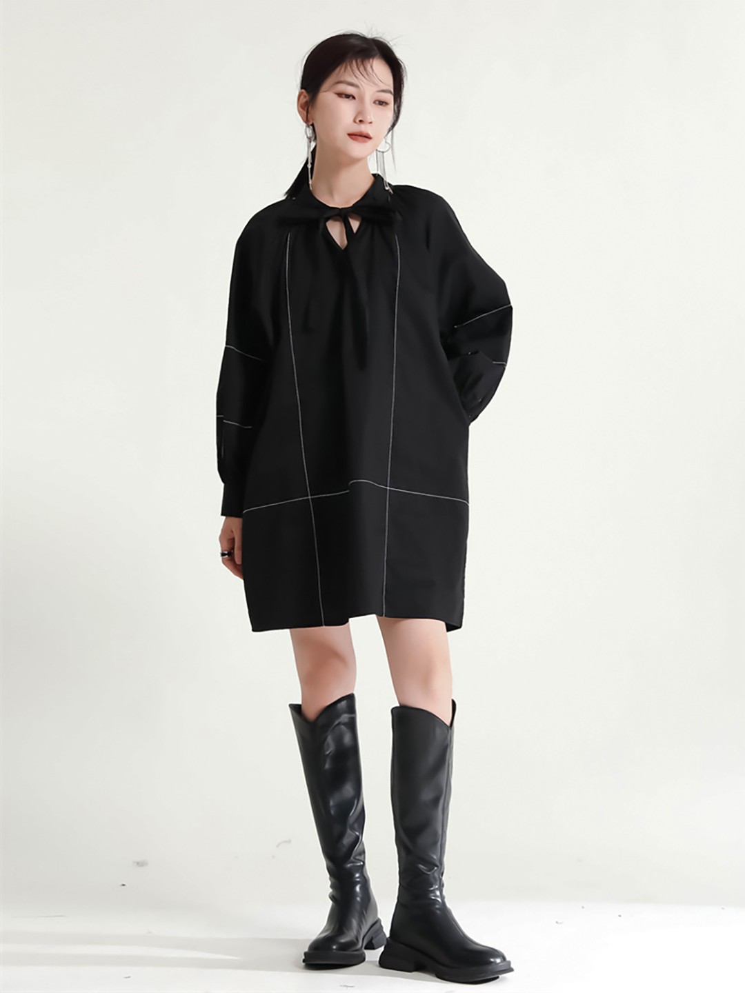

JC Collection Checked Tie-Up Neck Cuffed Sleeves A-Line Dress, Black