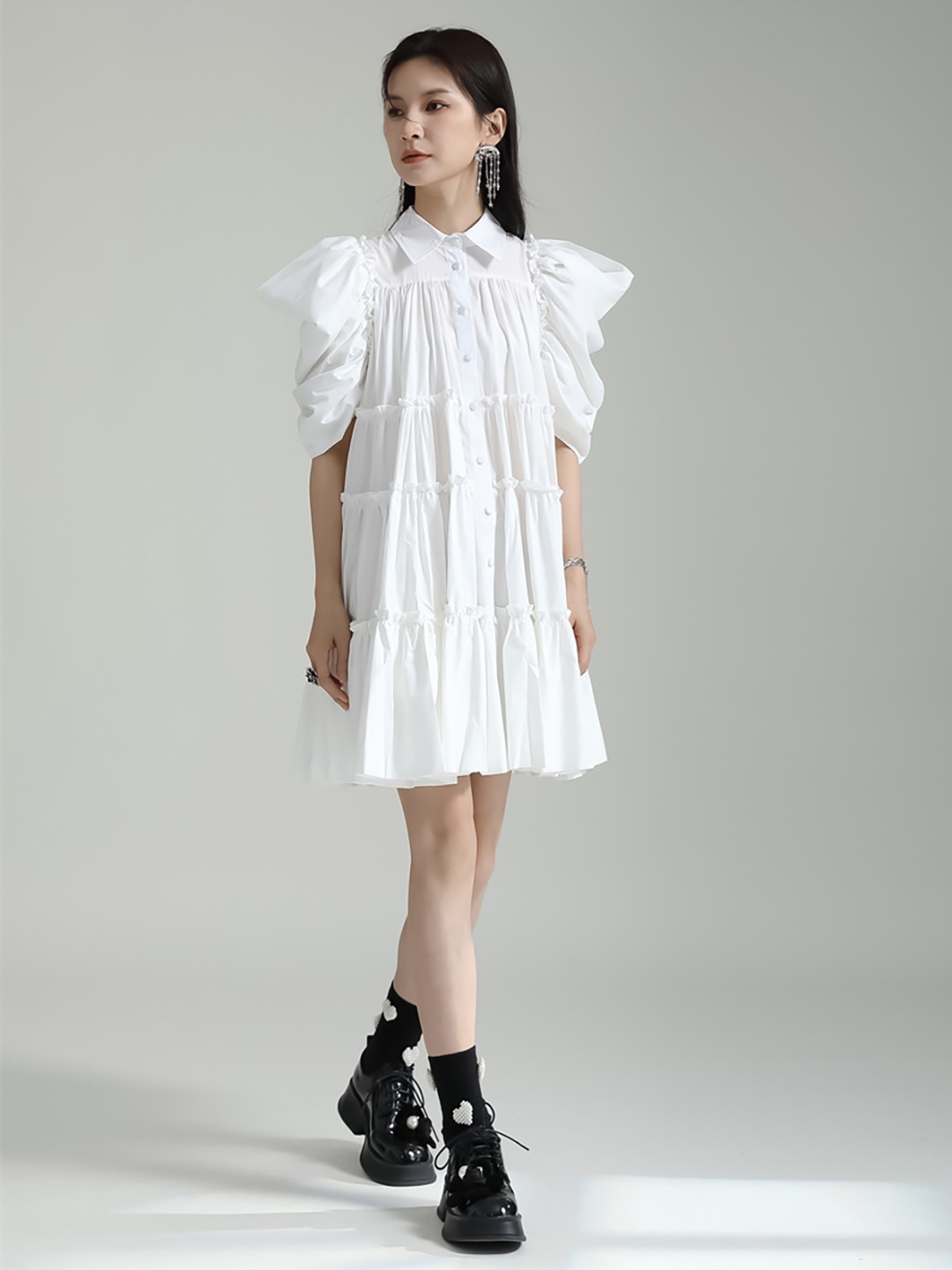 

JC Collection Shirt Collar Puff Sleeves A-Line Dress, White