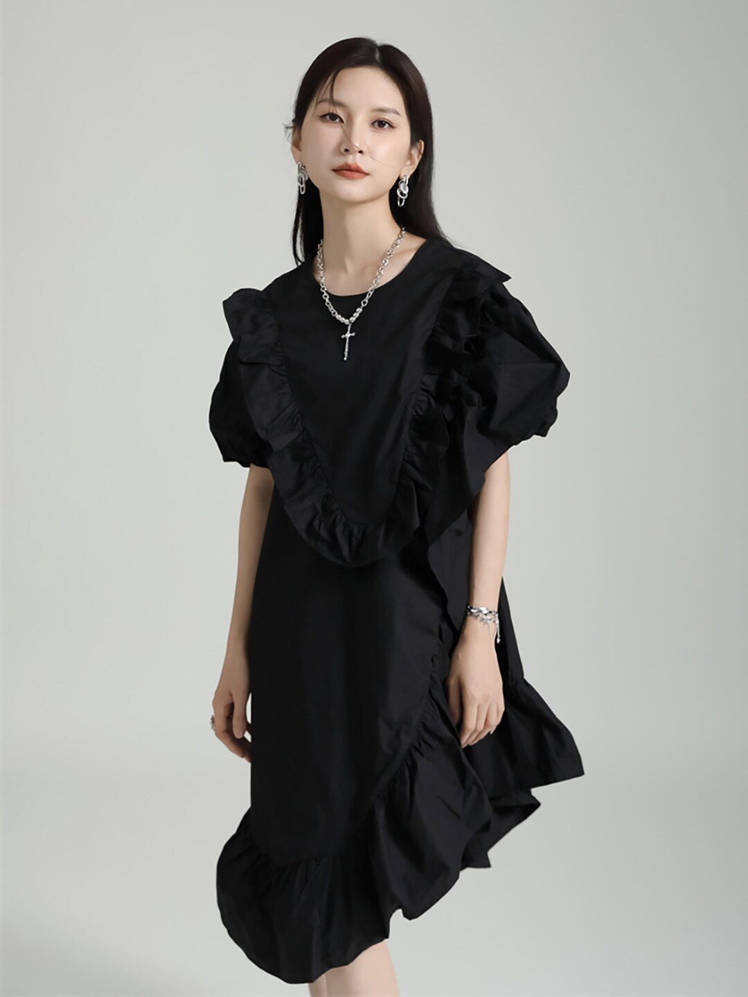 

JC Collection Gathered Puff Sleeves Asymmetric A-Line Dress, Black