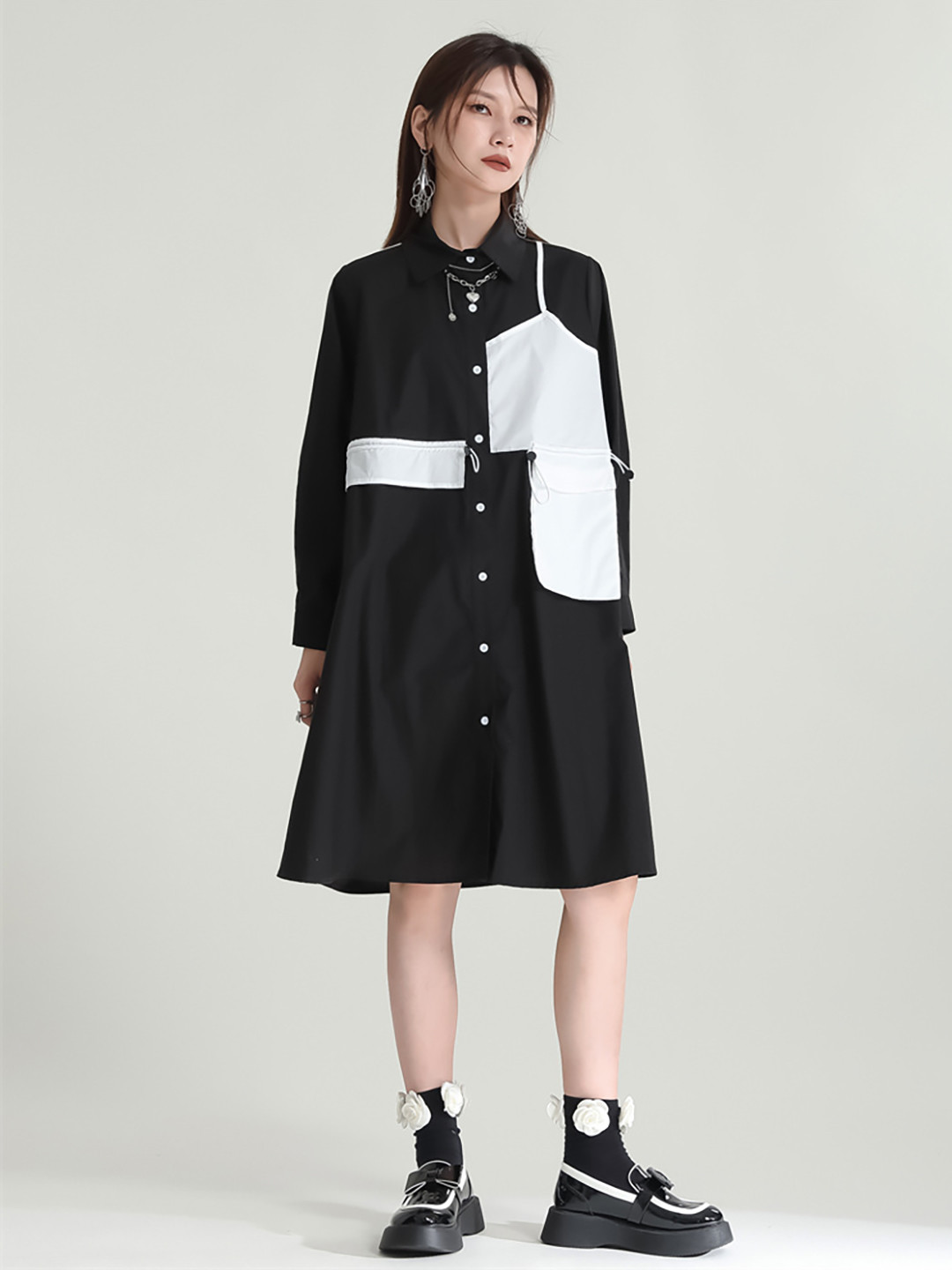 

JC Collection Colourblocked Shirt Collar Cuffed Sleeves Shirt Dress, Black