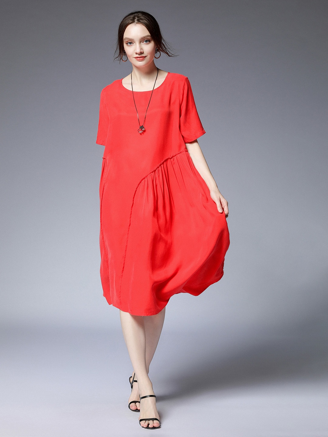 

JC Collection Round Neck Short Sleeves Gathered A-Line Midi Dress, Orange