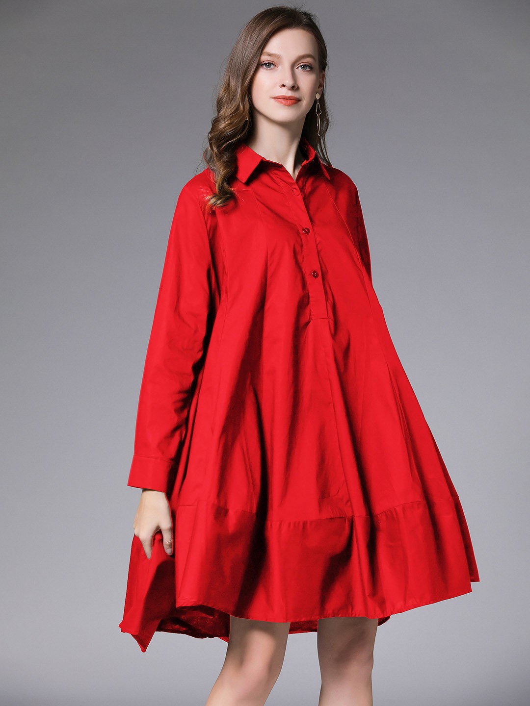 

JC Collection Cuffed Sleeves Flared Shirt Dress, Red