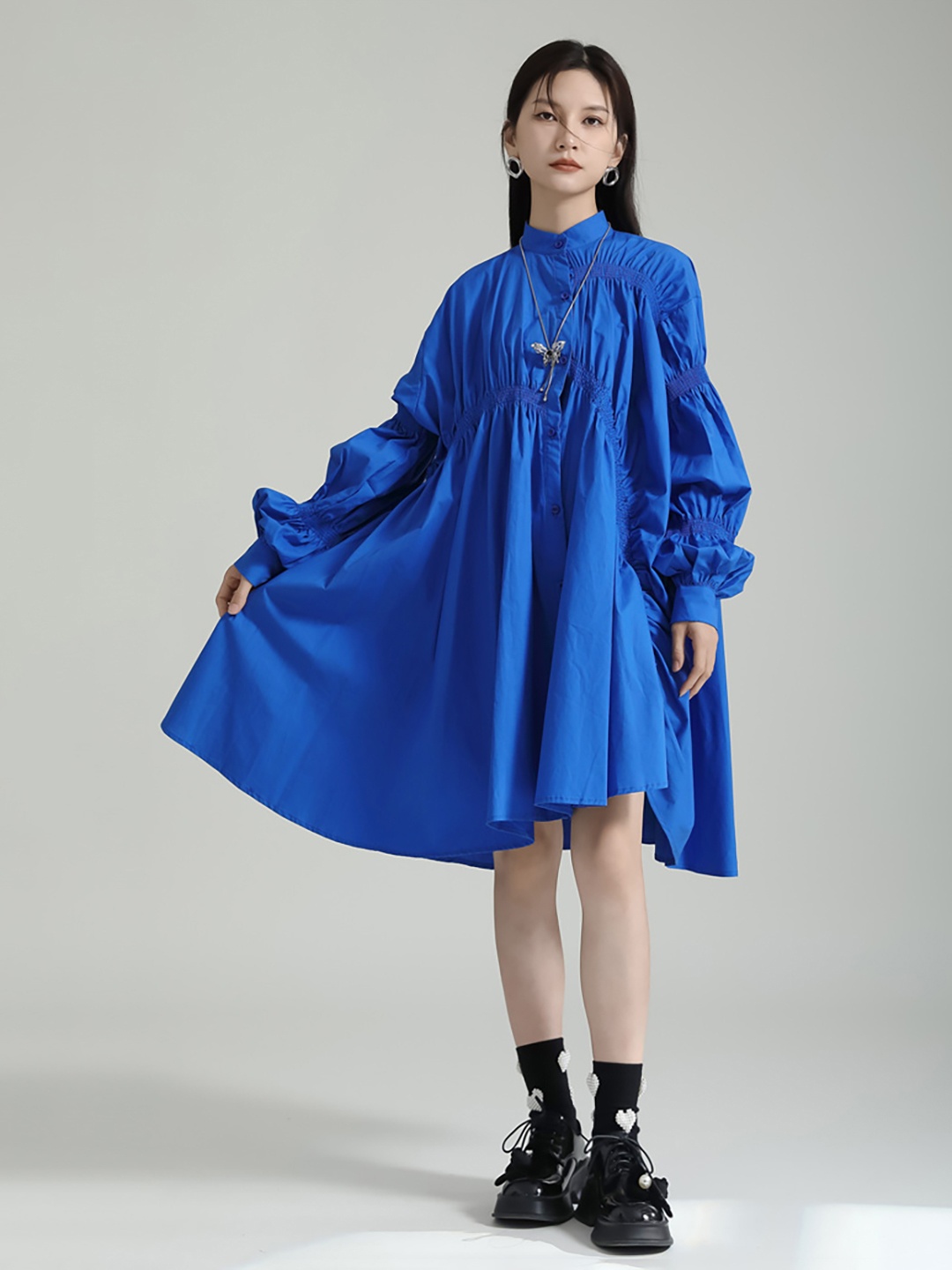 

JC Collection Mandarin Collar Puff Sleeve High-Low Shirt Dress, Blue