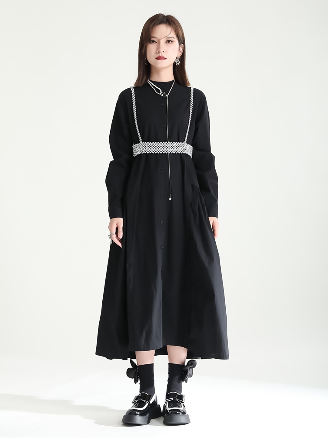 

JC Collection Band Collar Cuffed Sleeves Gathered Shirt Midi Dress, Black