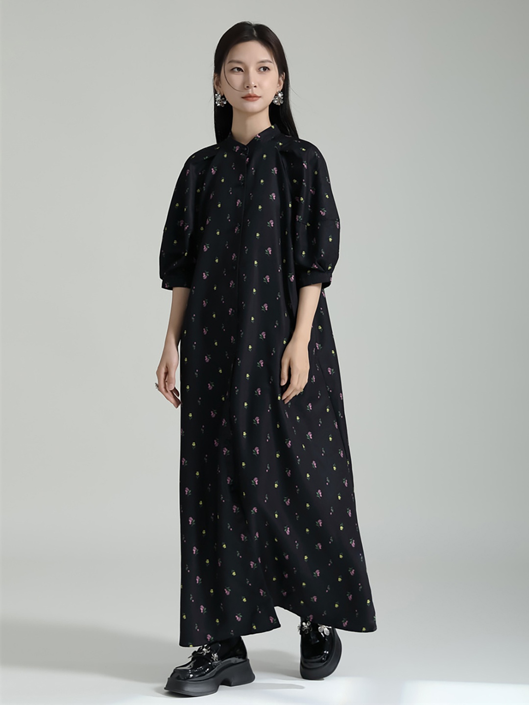 

JC Collection Floral Printed Band Collar Puff Sleeve A-Line Maxi Dress, Black