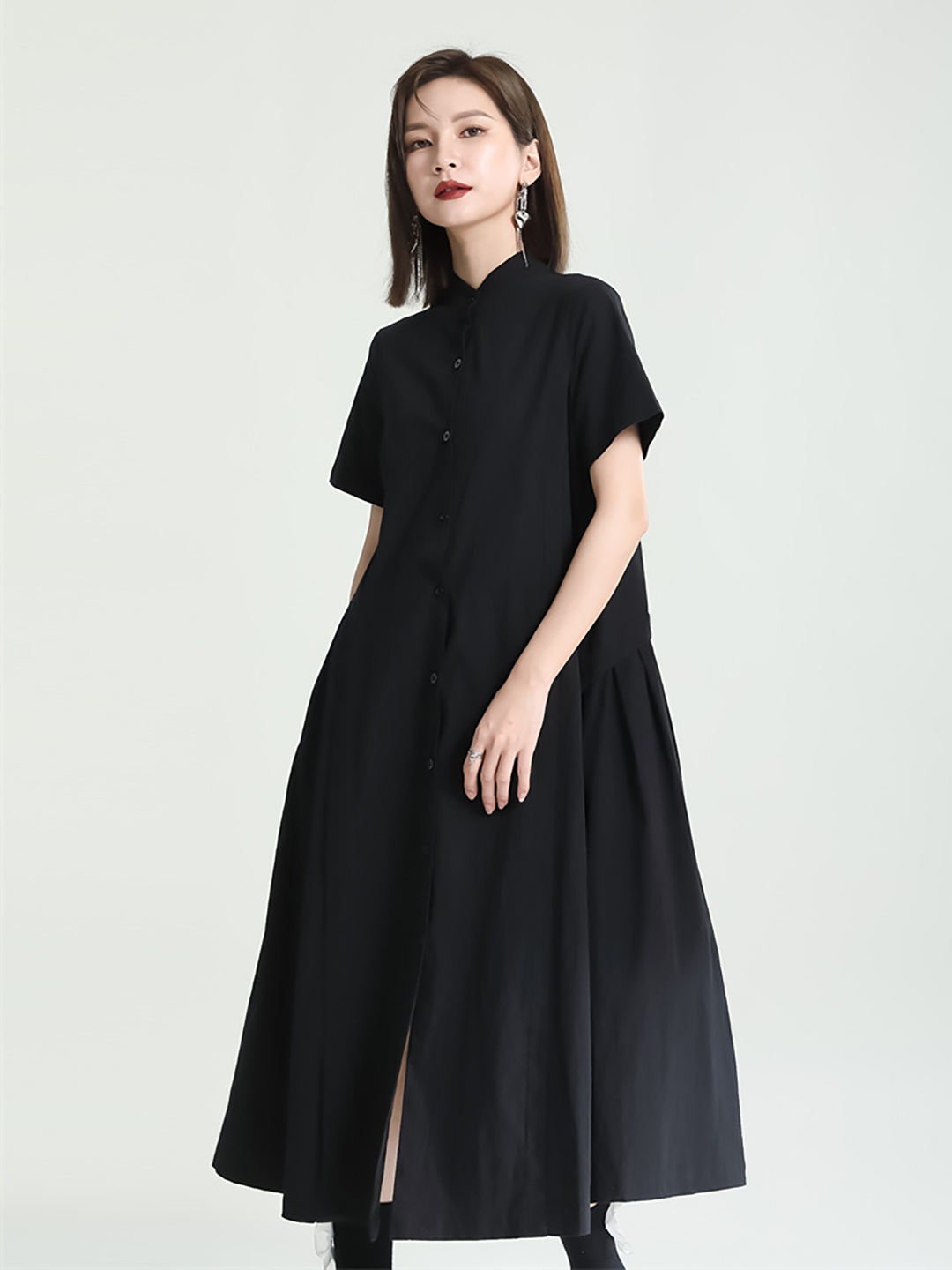 

JC Collection Band Collar Shirt Midi Dress, Black