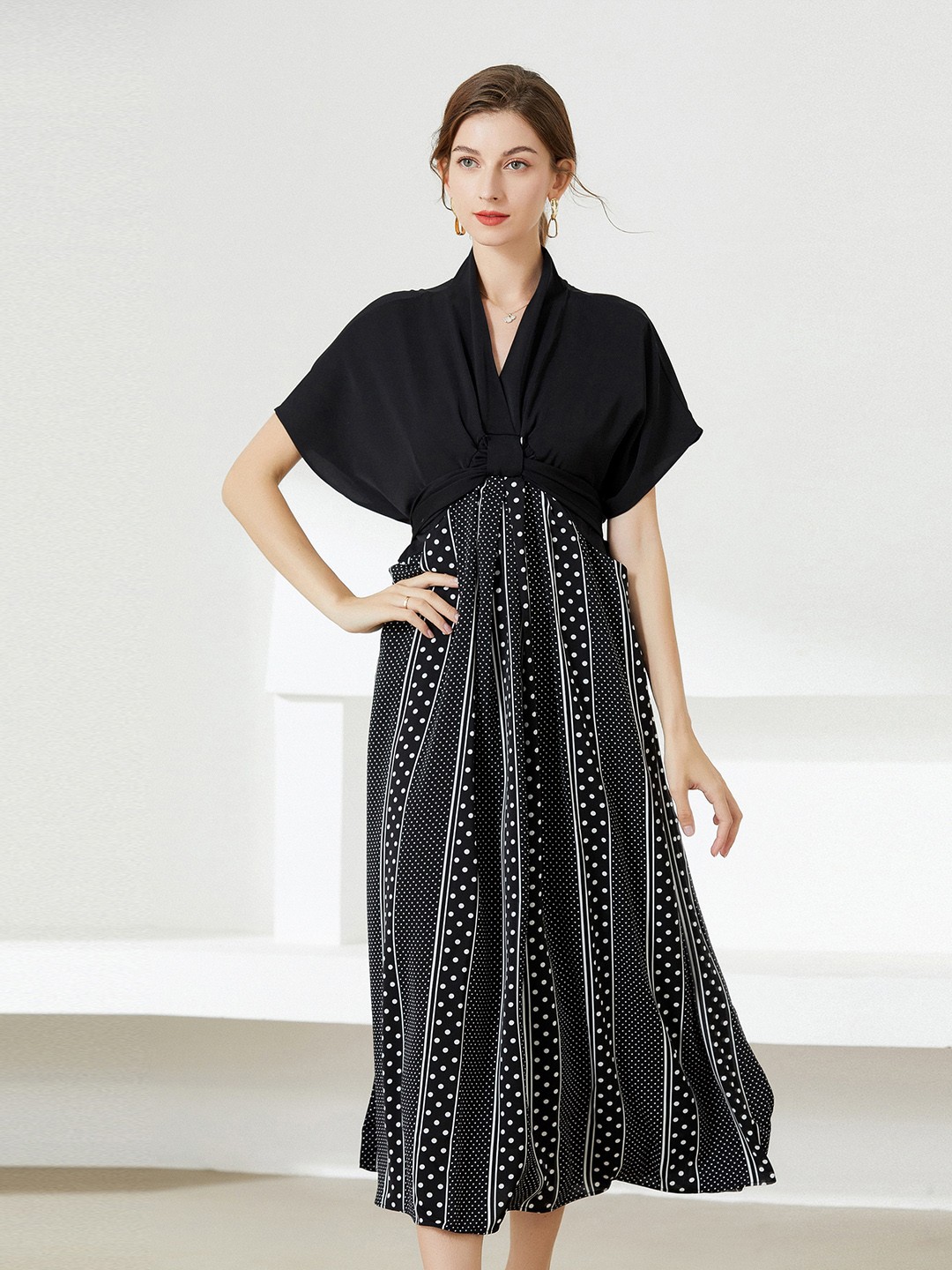 

JC Collection Striped V-Neck A-Line Midi Dress, Black