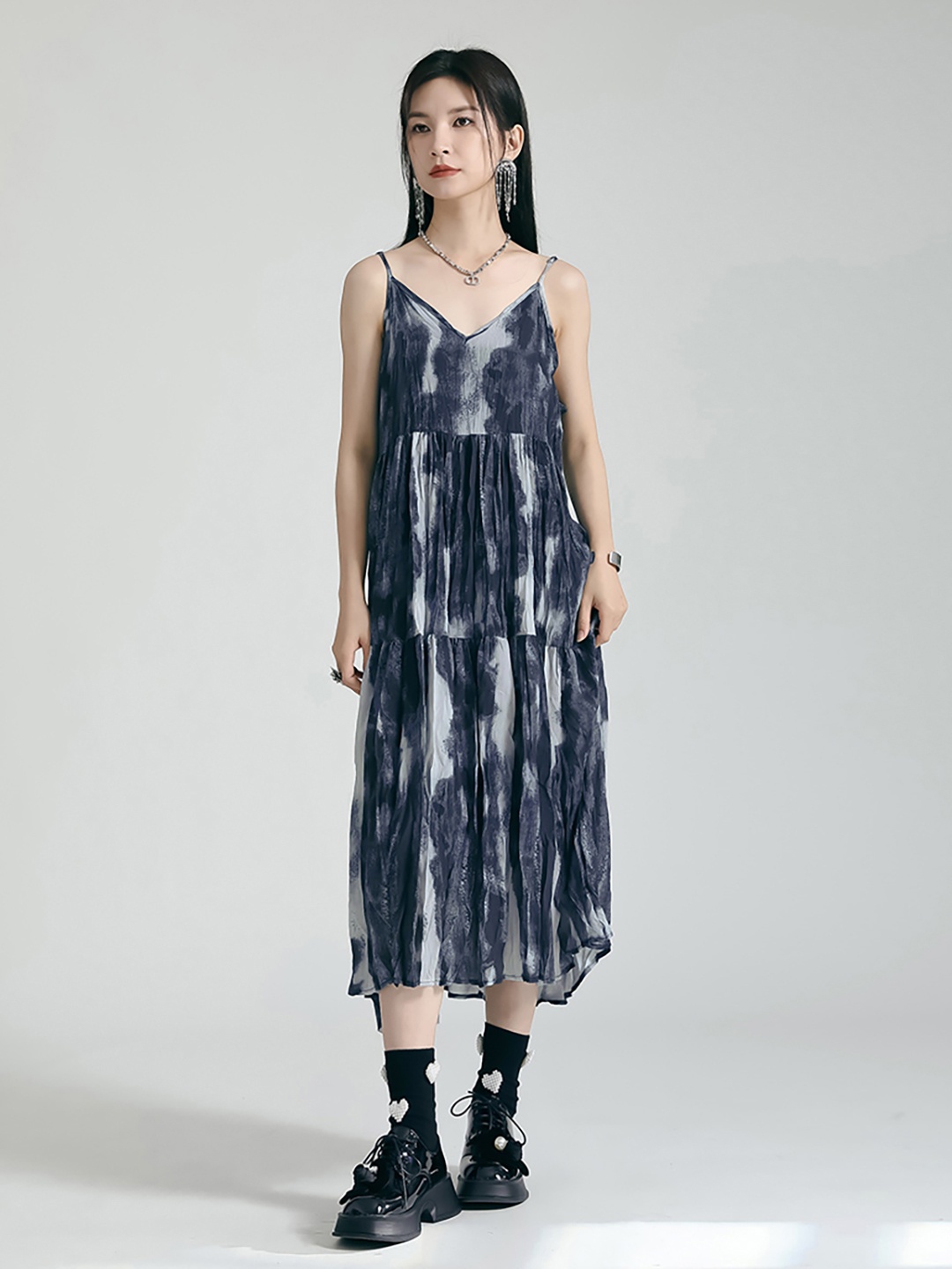 

JC Collection Abstract Printed Shoulder Straps Gathered Tiered A-Line Midi Dress, Black