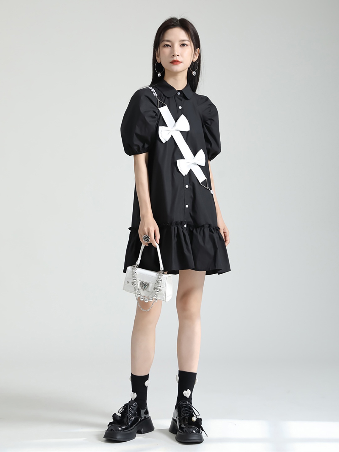 

JC Collection Shirt Collar Puff Sleeve Drop-Waist Dress, Black