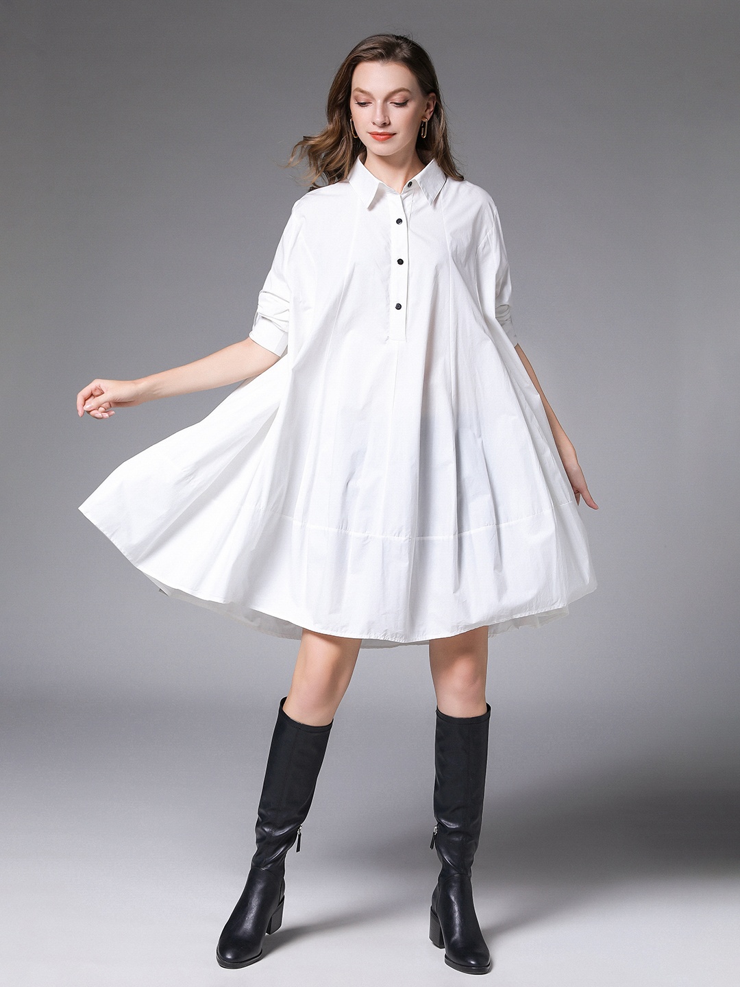 

JC Collection Shirt Collar Roll-Up Sleeves Shirt Style Dress, White