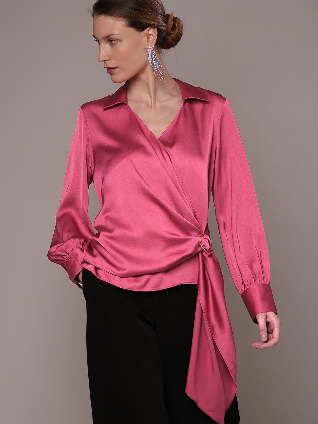 

Vero Moda Cuffed Sleeves Shirt Collar Wrap Top, Pink